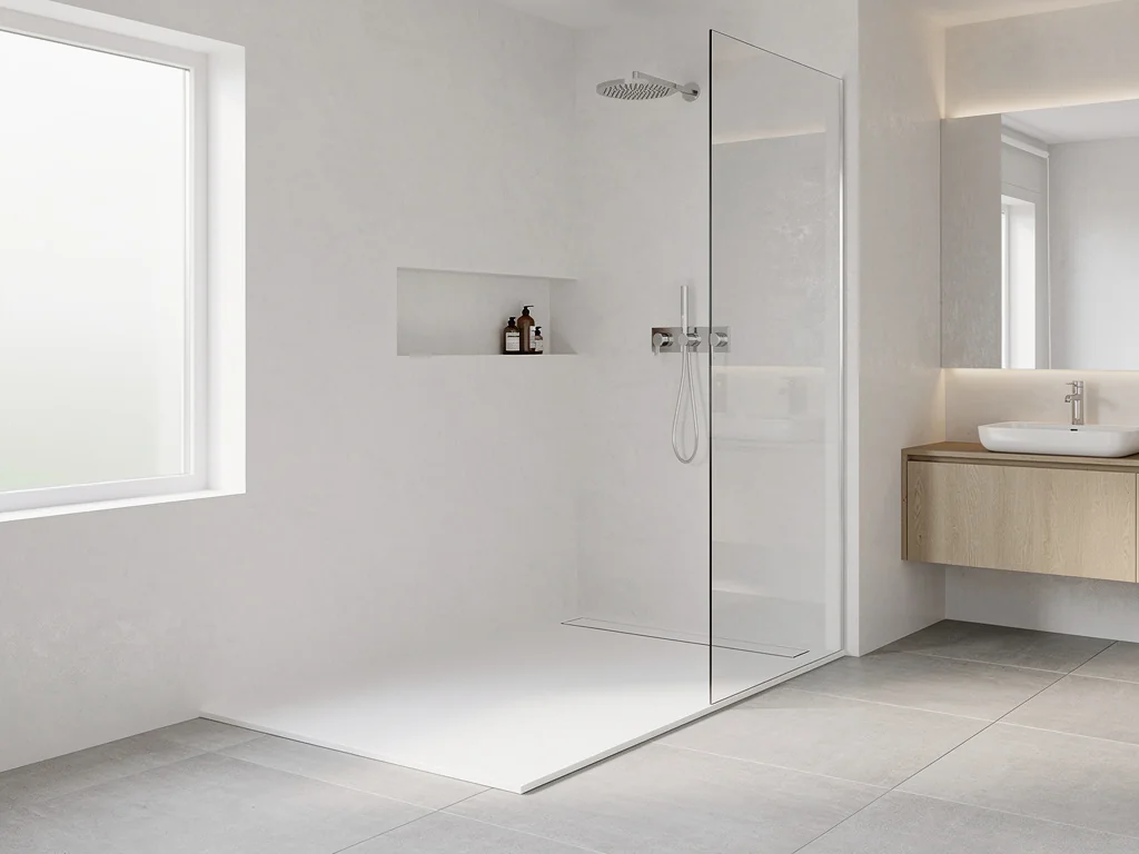 Douche de plain-pied blanche installée à la place d'une baignoire, receveur extra-plat