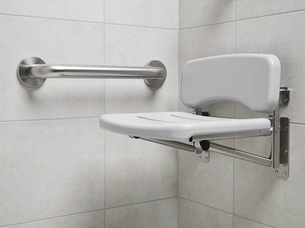 Barre d'appui inox et siège rabattable dans une douche adaptée aux seniors