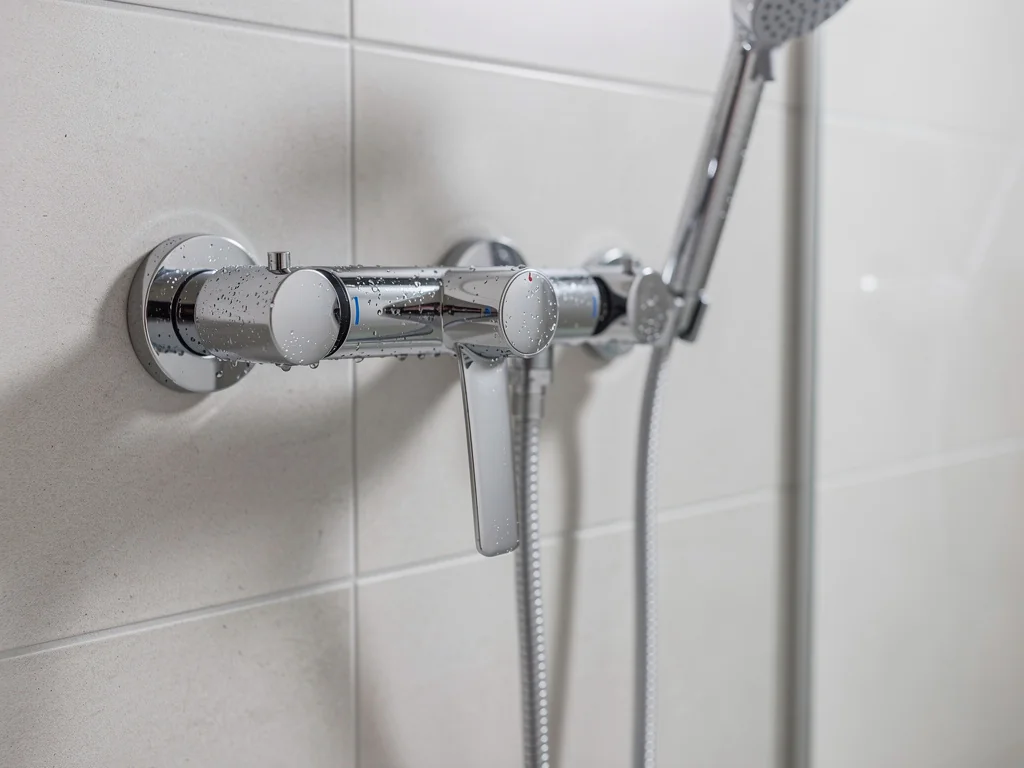 Mitigeur thermostatique et douchette à hauteur accessible dans une douche sécurisée