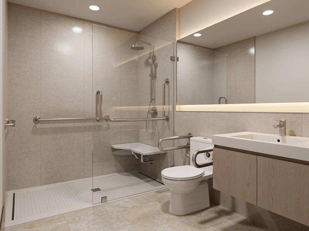 Salle de bain adaptée à mobilité réduite, finitions sobres et chaleureuses